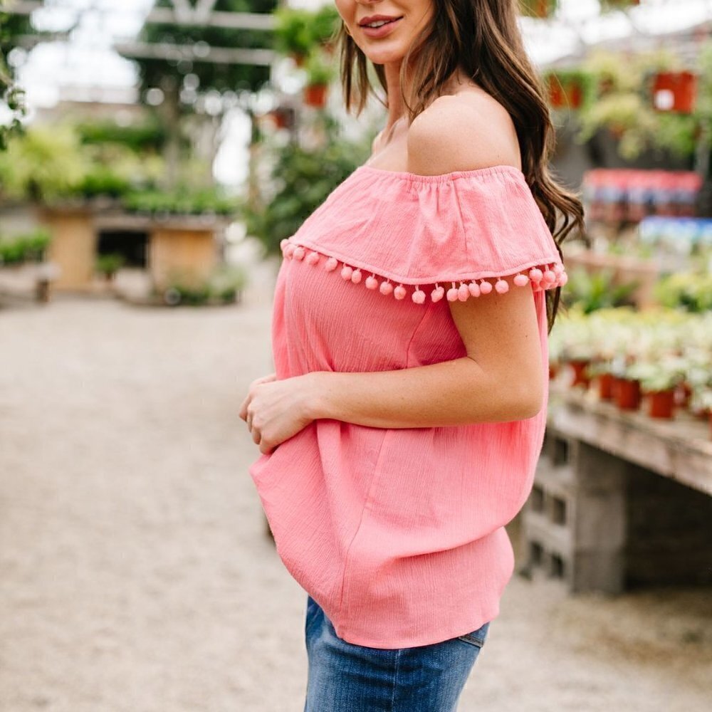 Kori America Pink Off Shoulder Top w/ Pom Detail - Picture 2 of 4